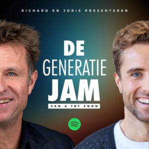 Twee mannen, een oudere en een jongere, lachen zij aan zij op een kleurrijke achtergrond met kleurverloop. De Nederlandse tekst luidt: "Richard en Joris presenteren De Generatie Jam van A tot Zoon." Het Spotify-logo verschijnt eronder.